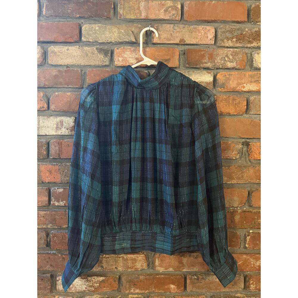 Ann Taylor Petite Tartan Shirred Mock Neck Popover Top in "Rainforest"